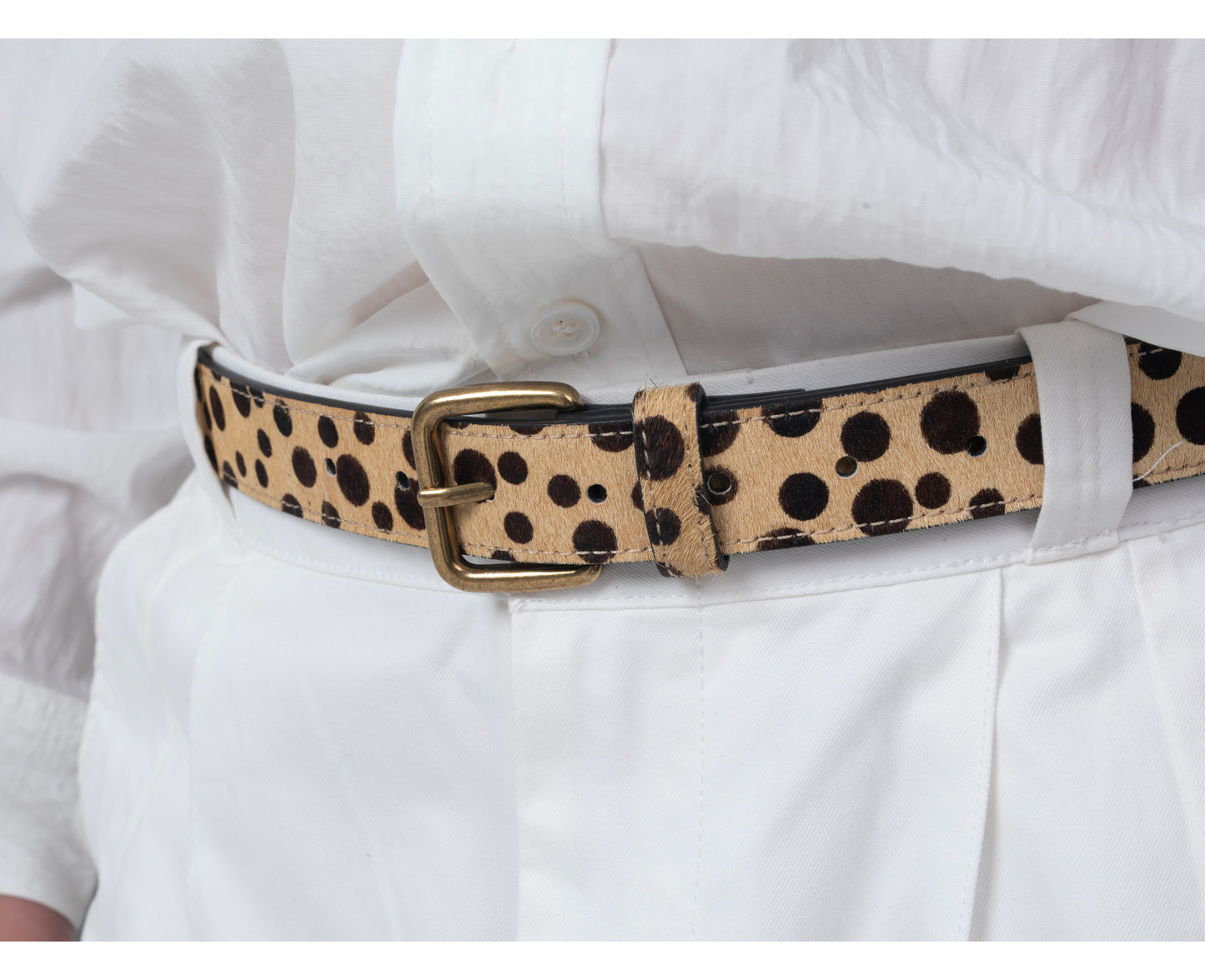 DYZZYMOTIF KHAKI POLKA DOT HORSEHAIR LEATHER BELT